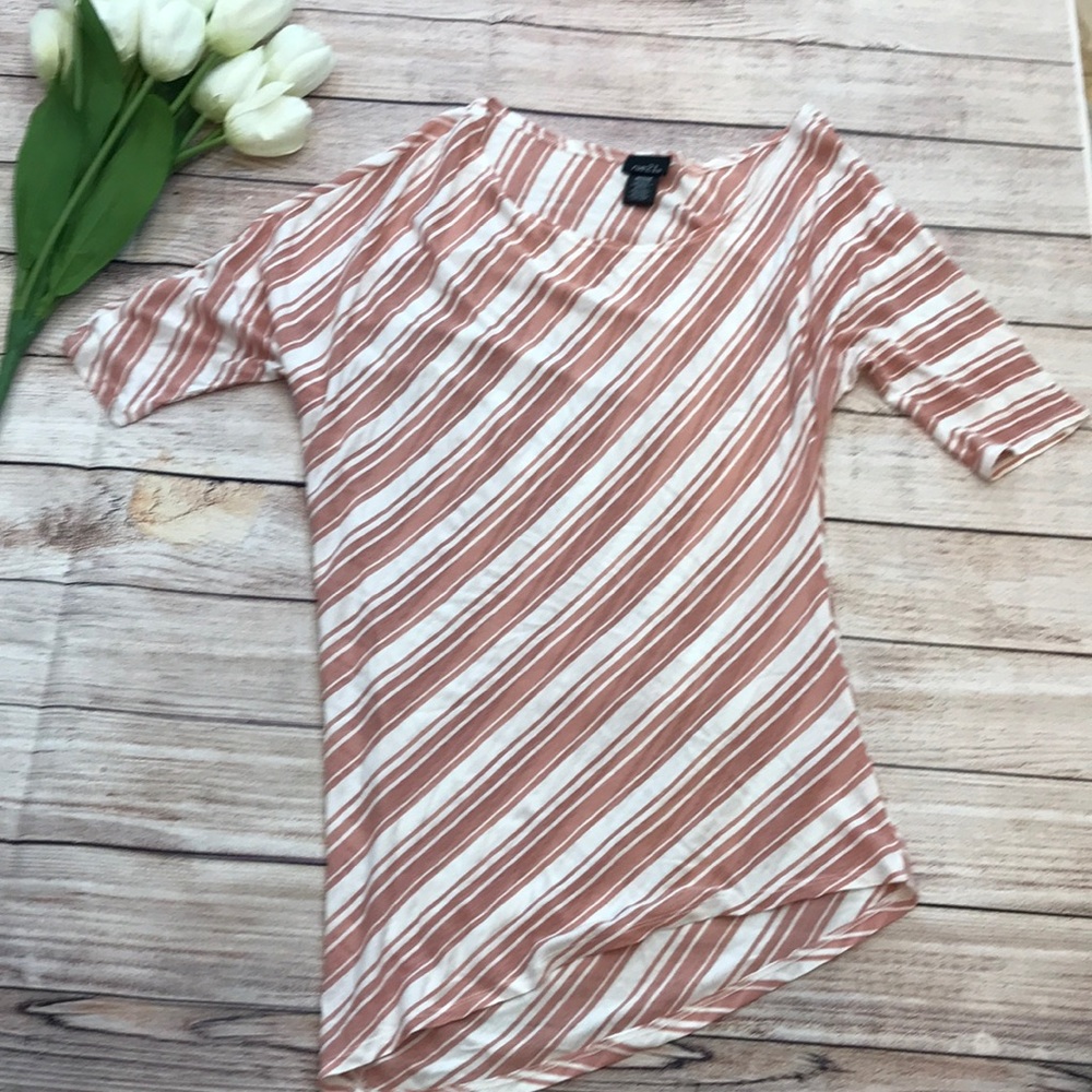 Rue 21  sheer red and white striped asymmetrical tee, medium.